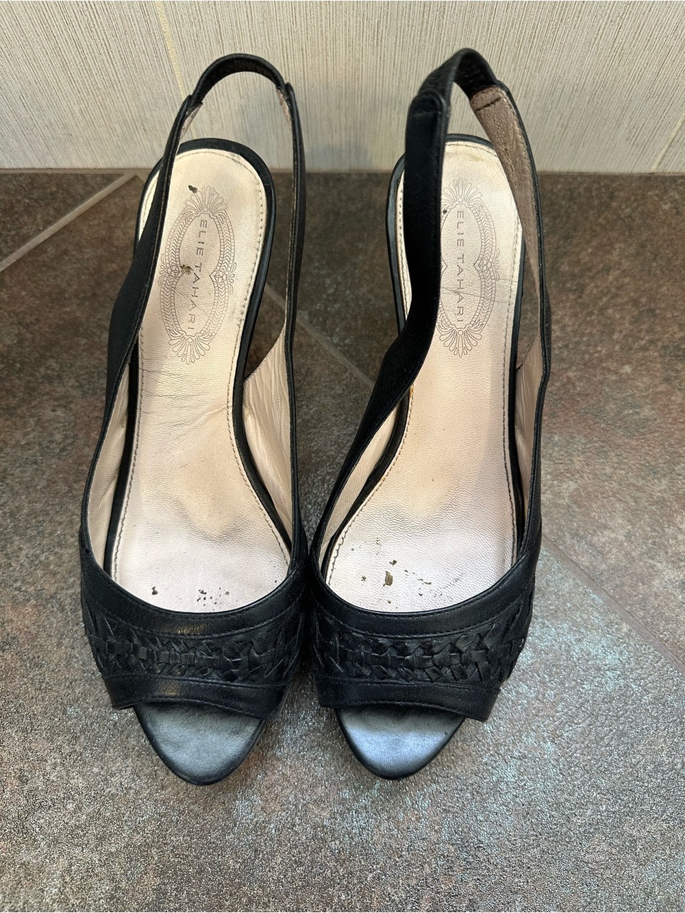 Elie Tahari Black Woven Peep-Toe Slingback Heels